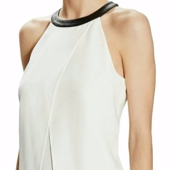 New Tibi Arden high neck halter leather trim crepe draped sleeveless blouse top - Picture 2 of 6